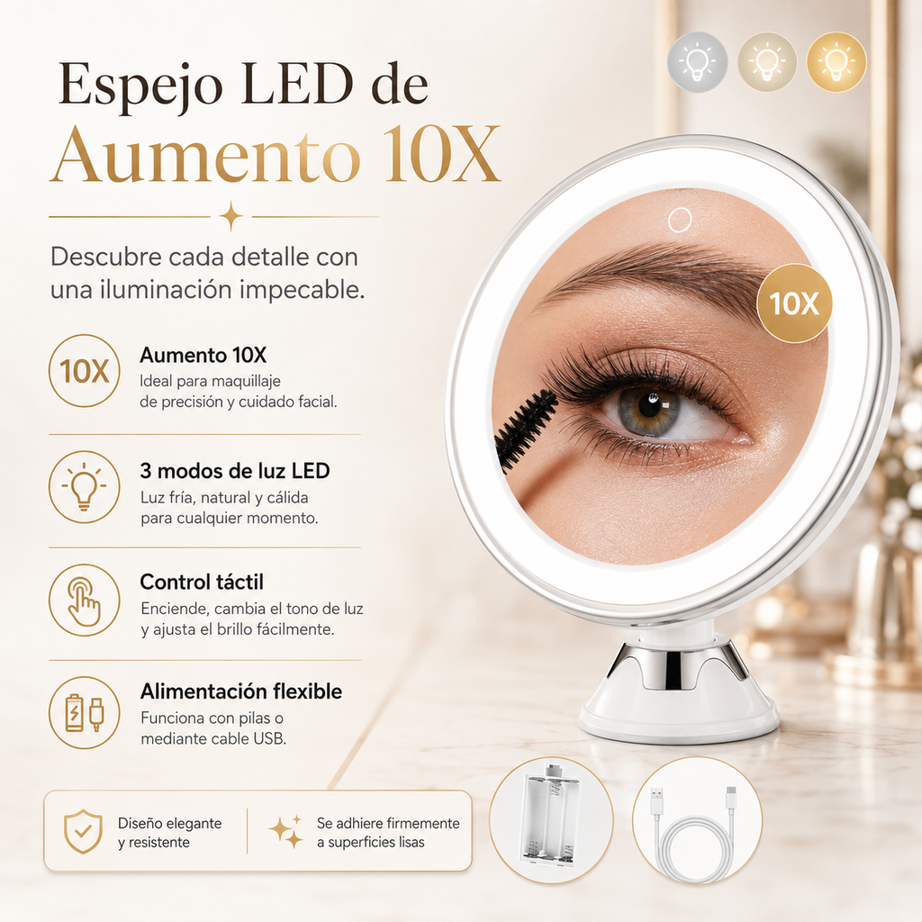 Espejo de Maquillaje LED 10X con Aumento | Luz Regulable de 3 Tonos y Rotación 360°