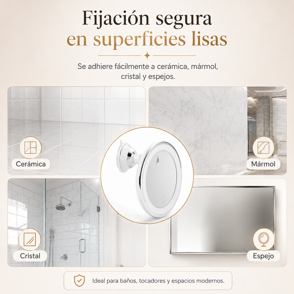 Espejo de Maquillaje LED 10X con Aumento | Luz Regulable de 3 Tonos y Rotación 360°
