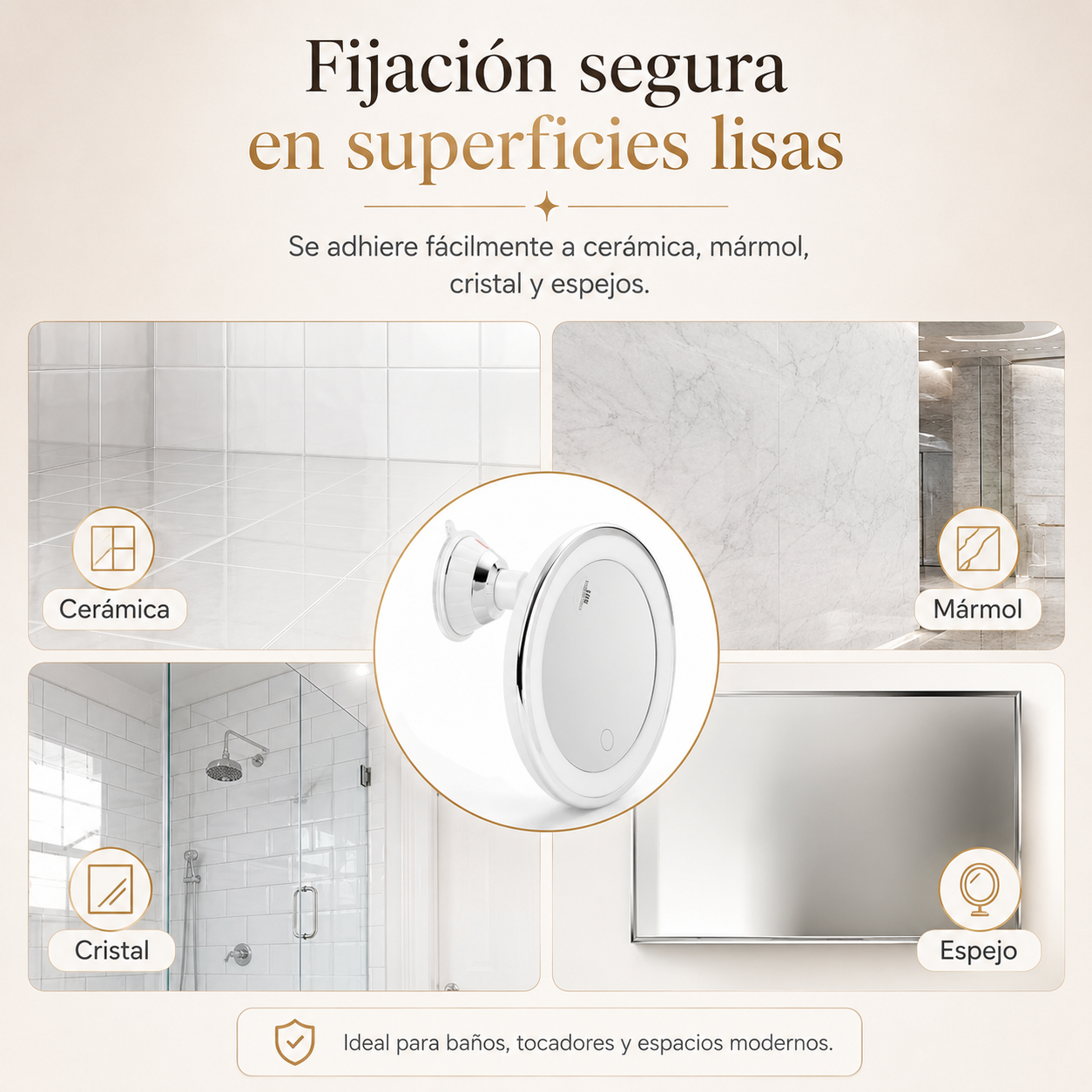 Espejo de Maquillaje LED 10X con Aumento | Luz Regulable de 3 Tonos y Rotación 360°