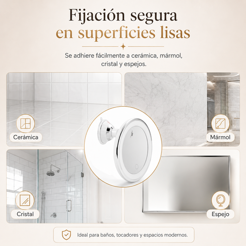 Espejo de Maquillaje LED 10X con Aumento | Luz Regulable de 3 Tonos y Rotación 360°