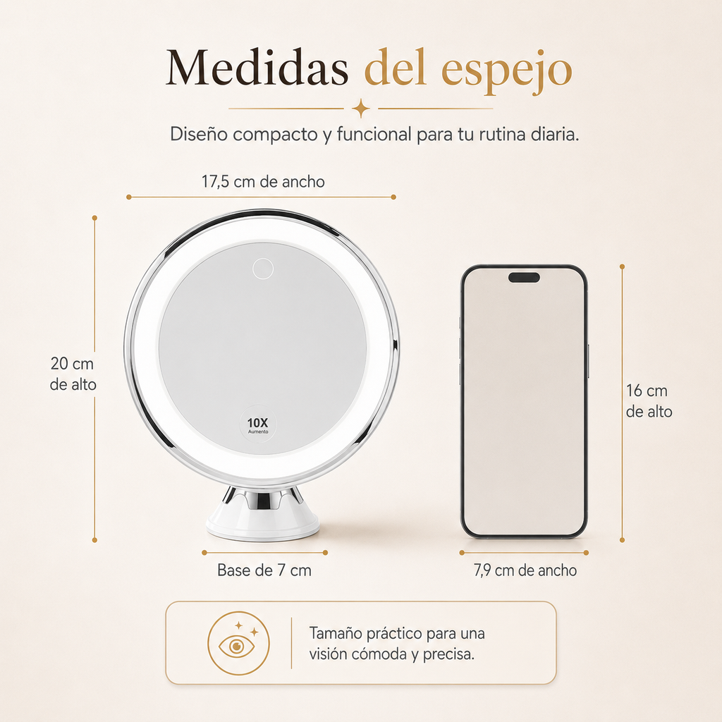 Espejo de Maquillaje LED 10X con Aumento | Luz Regulable de 3 Tonos y Rotación 360°