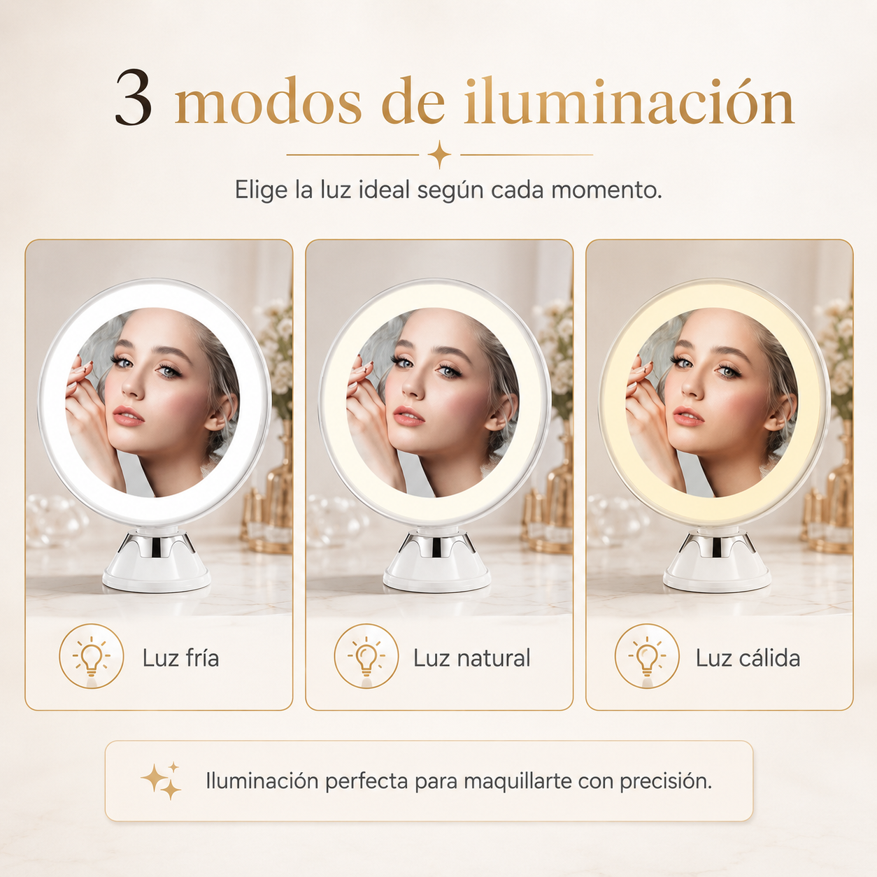 Espejo de Maquillaje LED 10X con Aumento | Luz Regulable de 3 Tonos y Rotación 360°