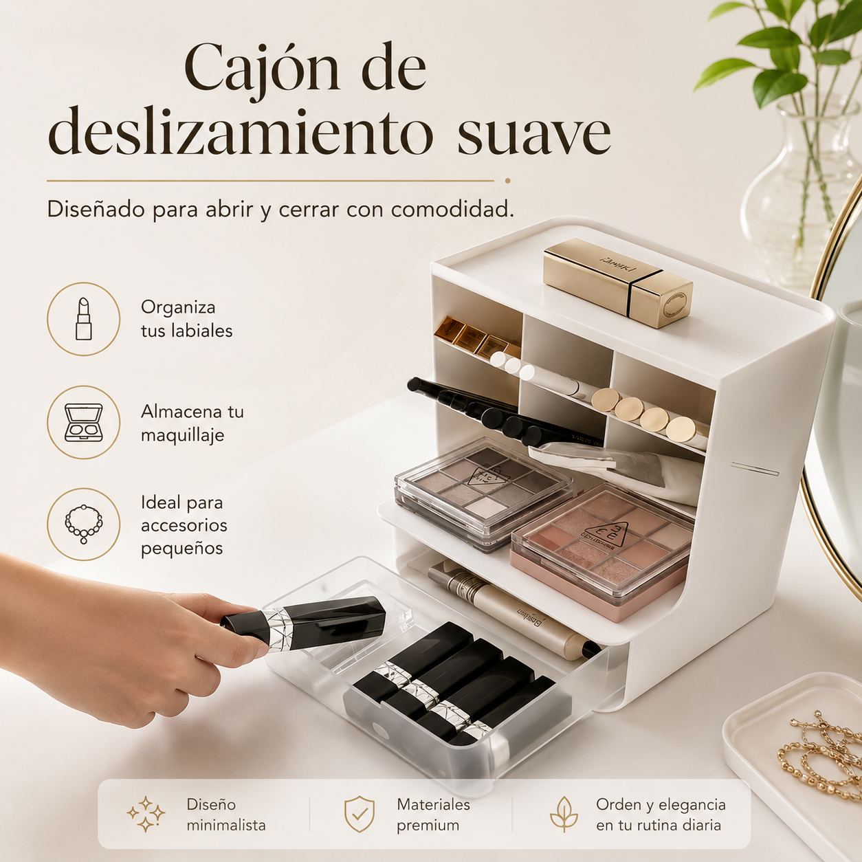 Organizador de Maquillaje Premium con Cajones,  Almacenamiento Elegante para Cosméticos y Cuidado Facial