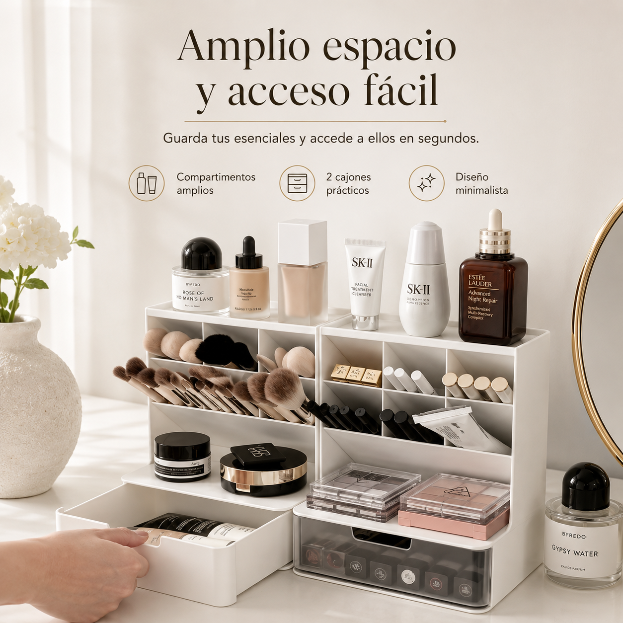 Organizador de Maquillaje Premium con Cajones,  Almacenamiento Elegante para Cosméticos y Cuidado Facial