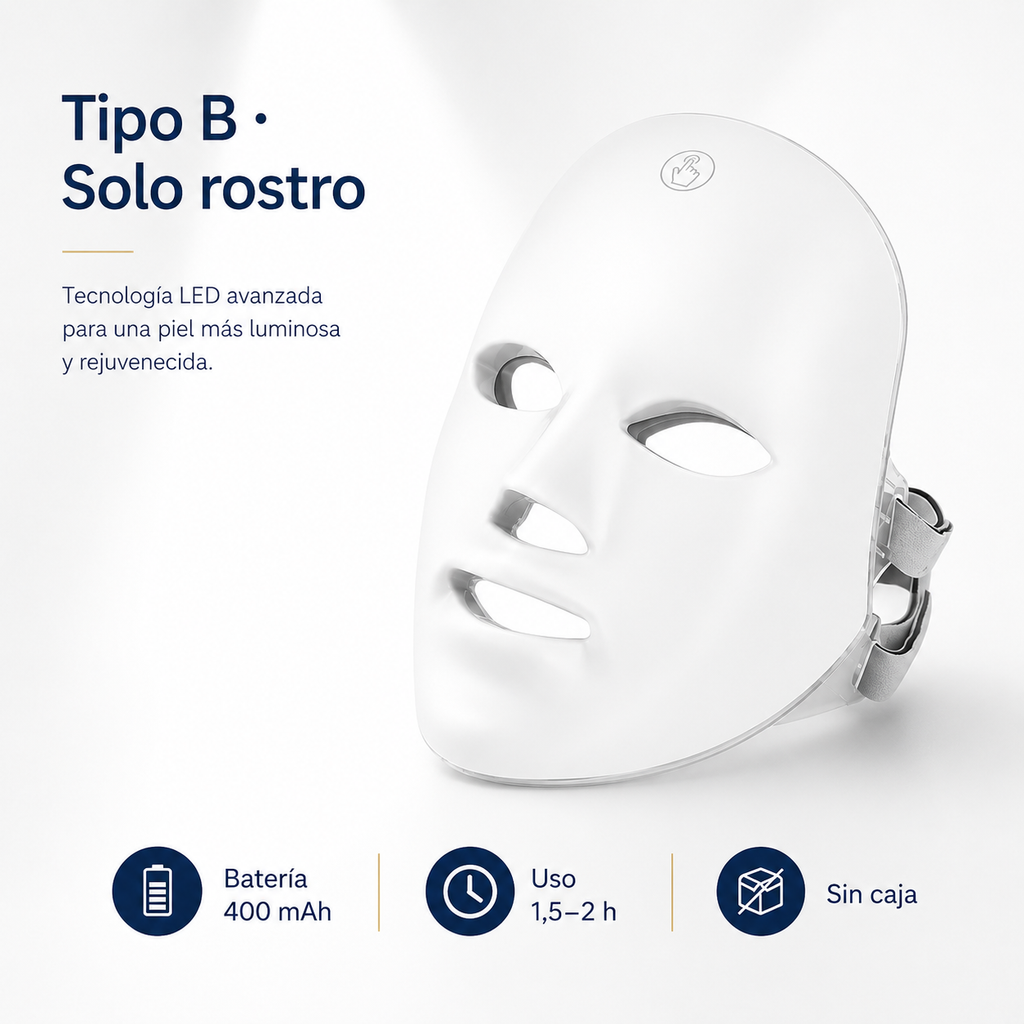 Máscara LED Facial Inalámbrica de 7 Colores. Rejuvenecimiento y Firmeza para Rostro y Cuello