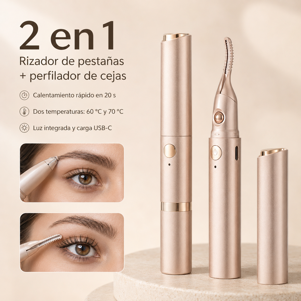 Rizador Eléctrico de Pestañas 2 en 1.  Riza, Define y Perfila tus Cejas