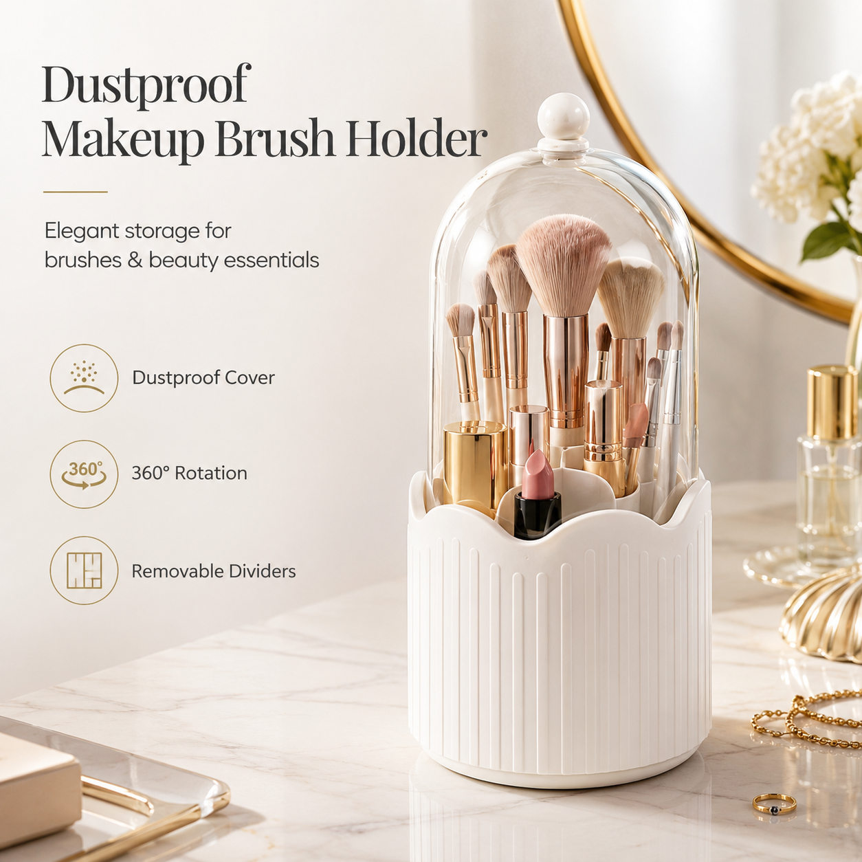 Luxury 360° Rotating Makeup Brush Organizer with Dustproof Cover | Premium Vanity Storage