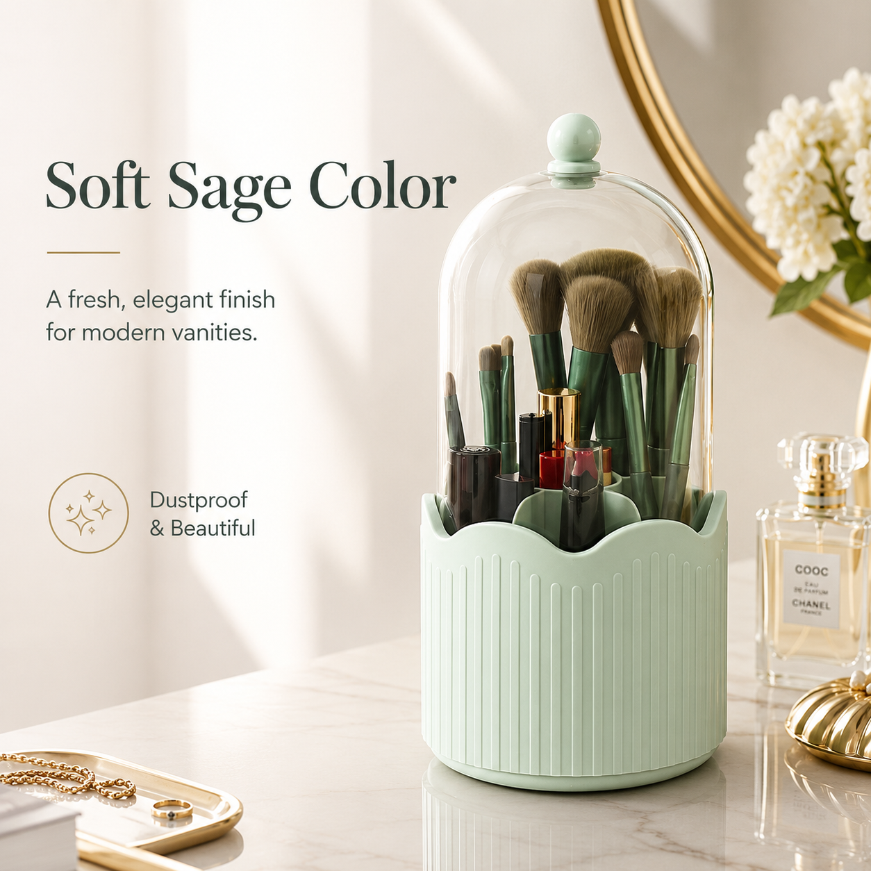 Luxury 360° Rotating Makeup Brush Organizer with Dustproof Cover | Premium Vanity Storage