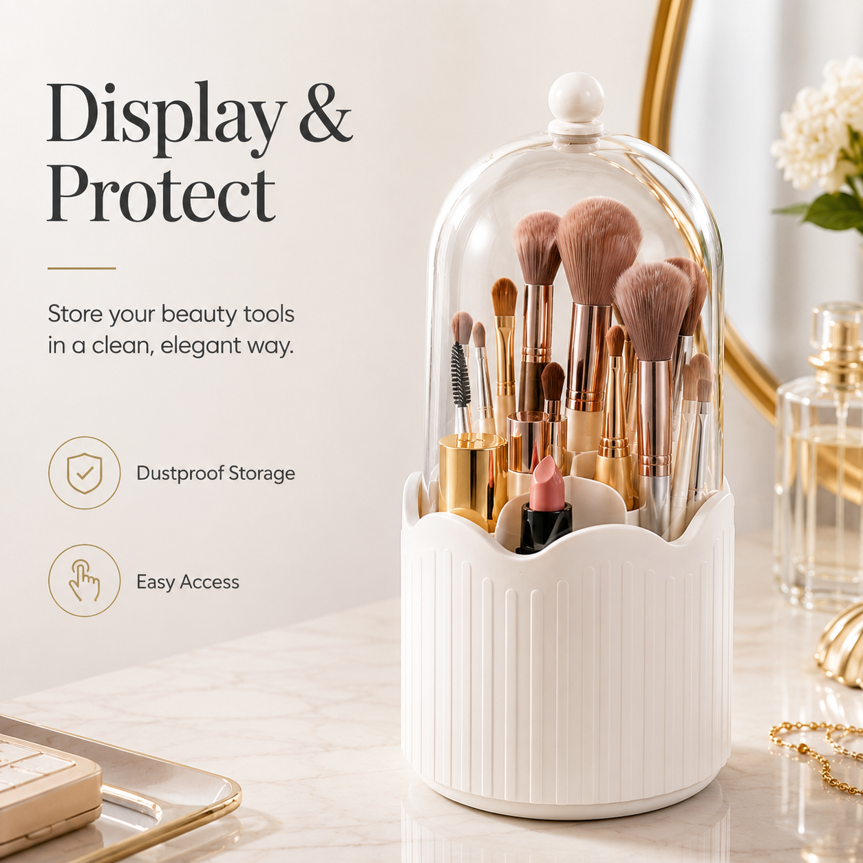 Luxury 360° Rotating Makeup Brush Organizer with Dustproof Cover | Premium Vanity Storage