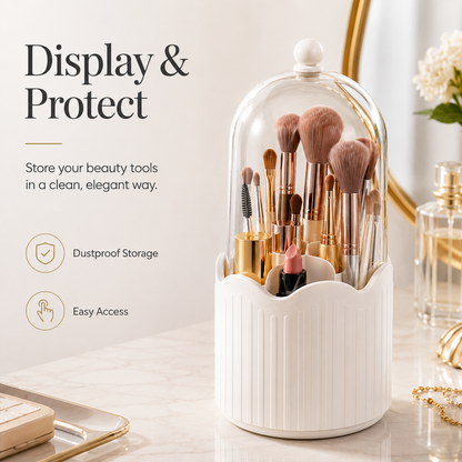 Luxury 360° Rotating Makeup Brush Organizer with Dustproof Cover | Premium Vanity Storage
