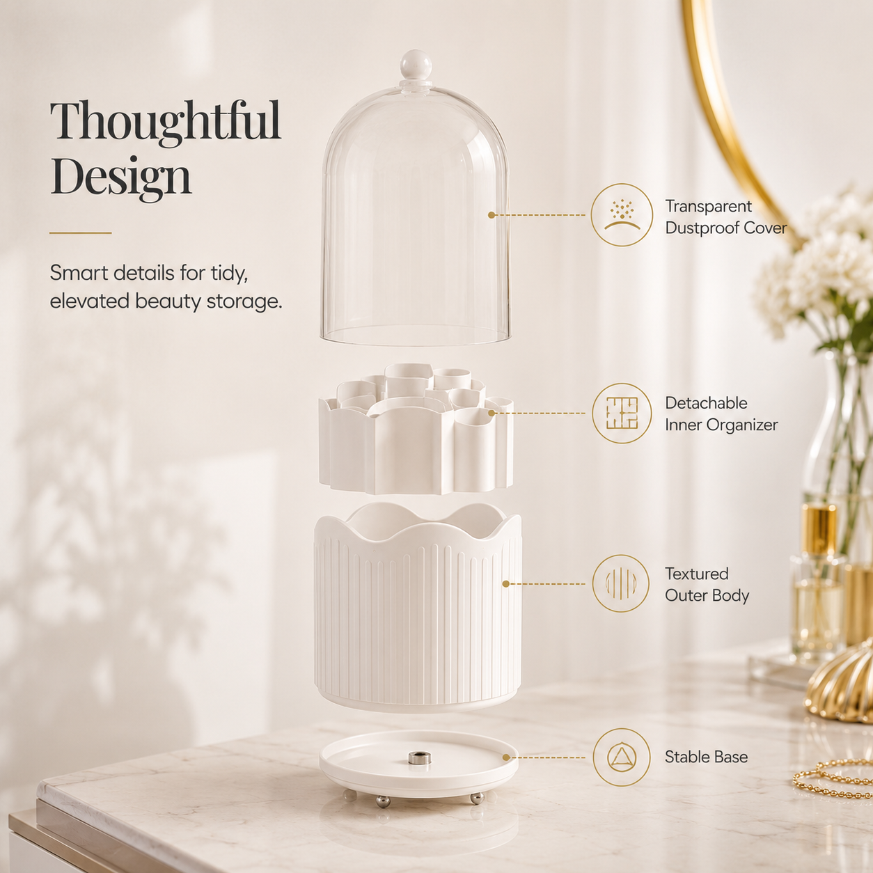 Luxury 360° Rotating Makeup Brush Organizer with Dustproof Cover | Premium Vanity Storage