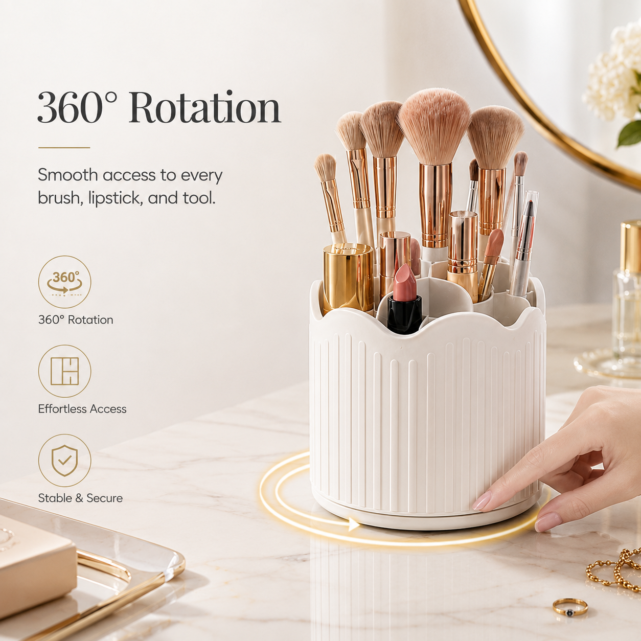 Luxury 360° Rotating Makeup Brush Organizer with Dustproof Cover | Premium Vanity Storage