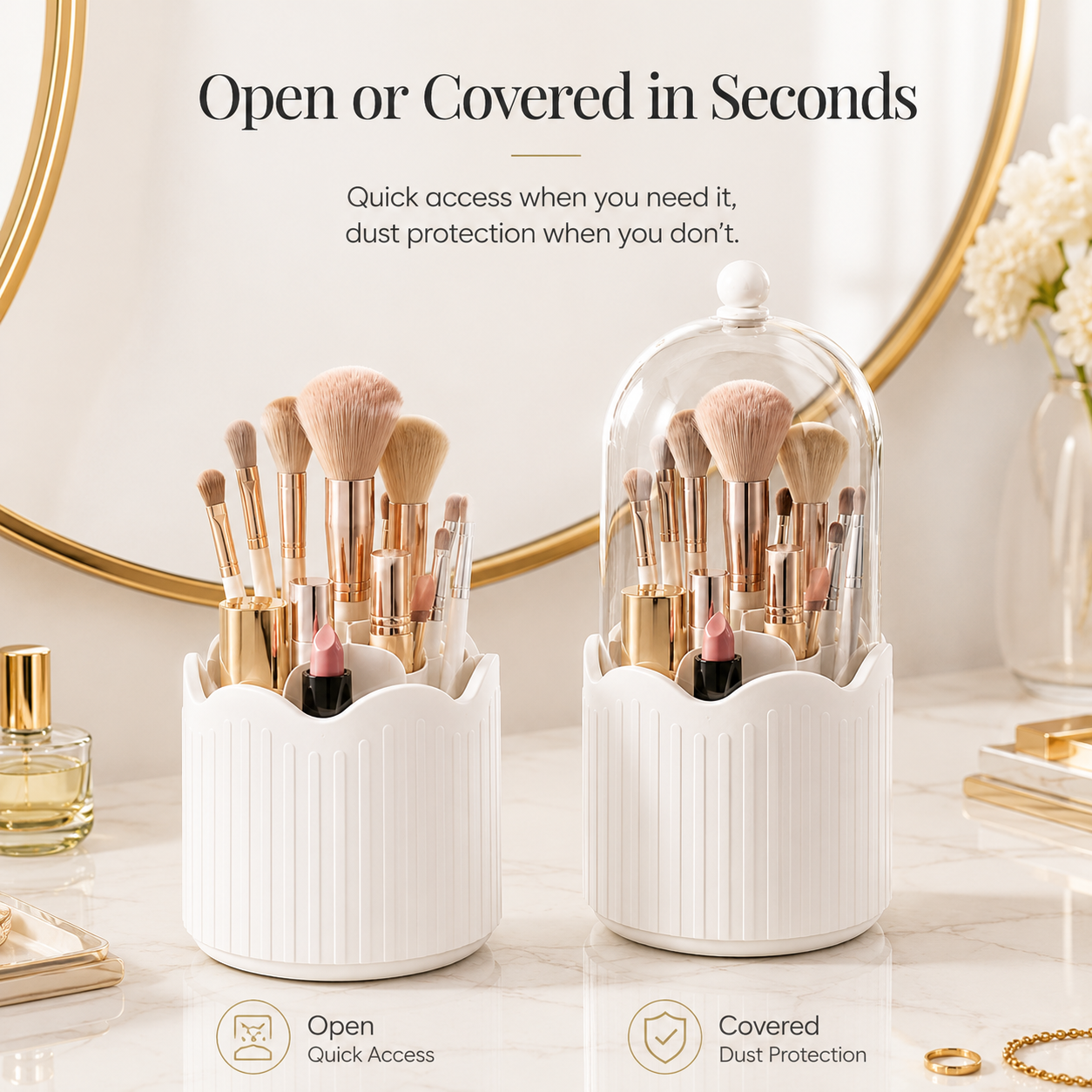 Luxury 360° Rotating Makeup Brush Organizer with Dustproof Cover | Premium Vanity Storage