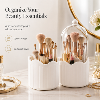 Luxury 360° Rotating Makeup Brush Organizer with Dustproof Cover | Premium Vanity Storage
