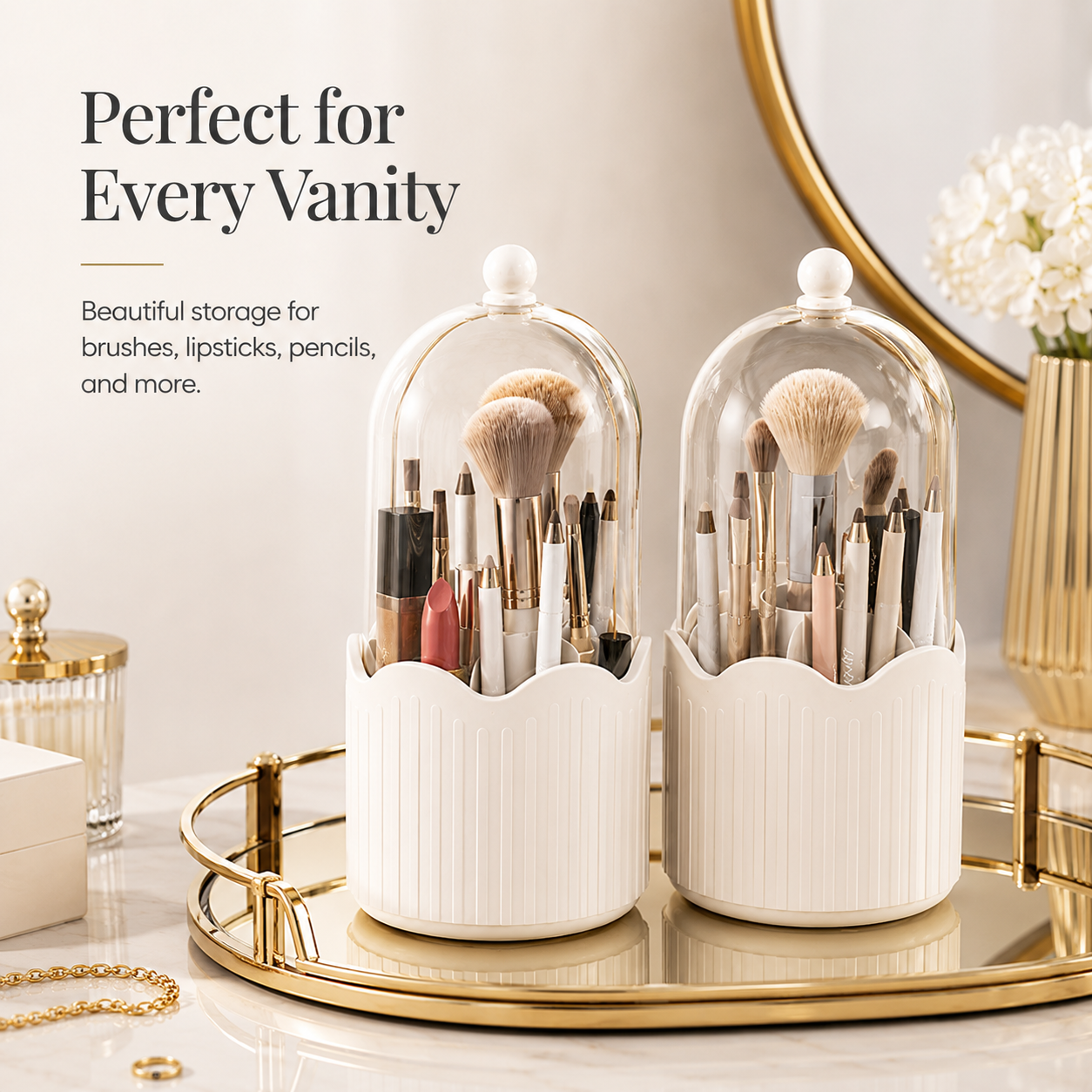 Luxury 360° Rotating Makeup Brush Organizer with Dustproof Cover | Premium Vanity Storage