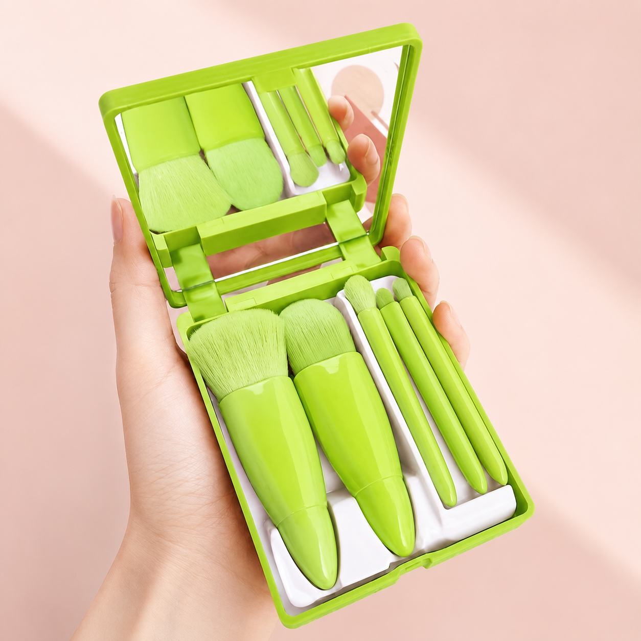 Kit de Viaje Plegable de 5 Brochas de Maquillaje con Espejo Integrado