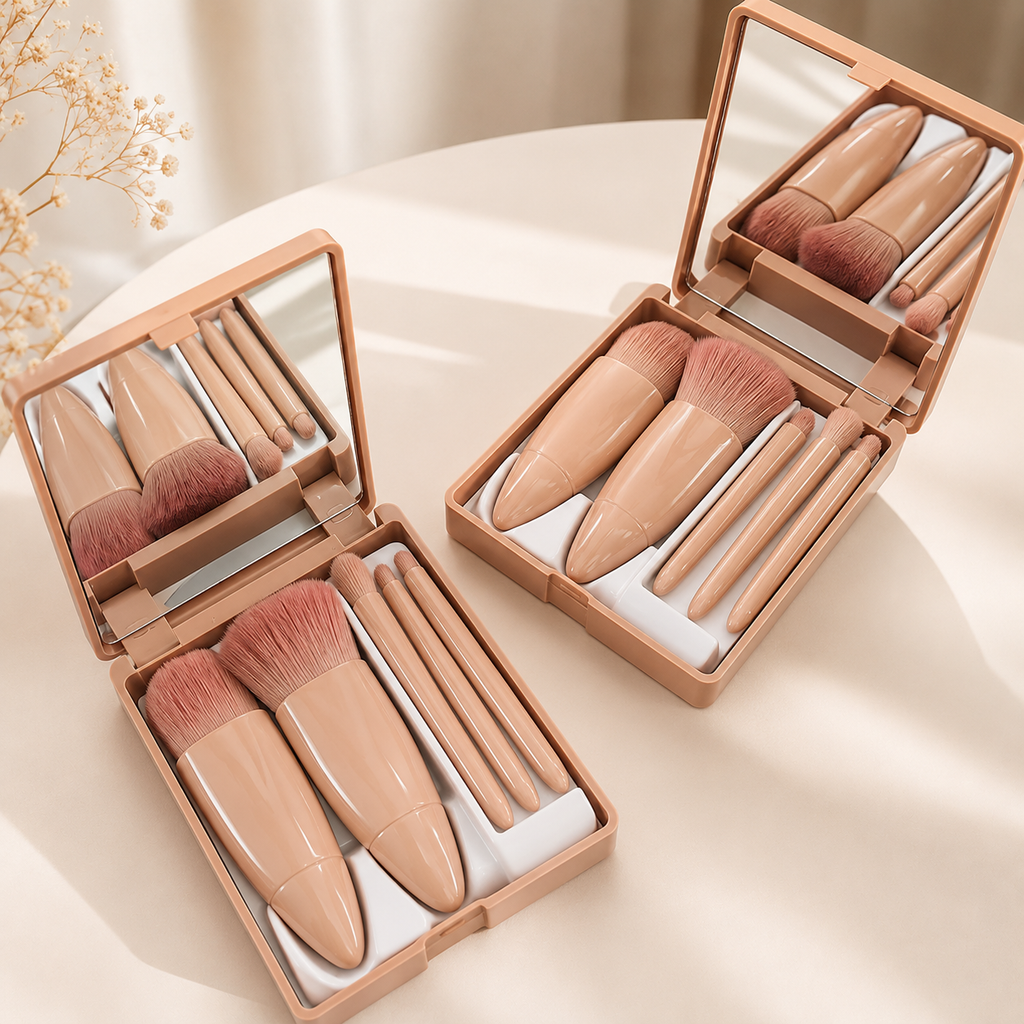 Kit de Viaje Plegable de 5 Brochas de Maquillaje con Espejo Integrado