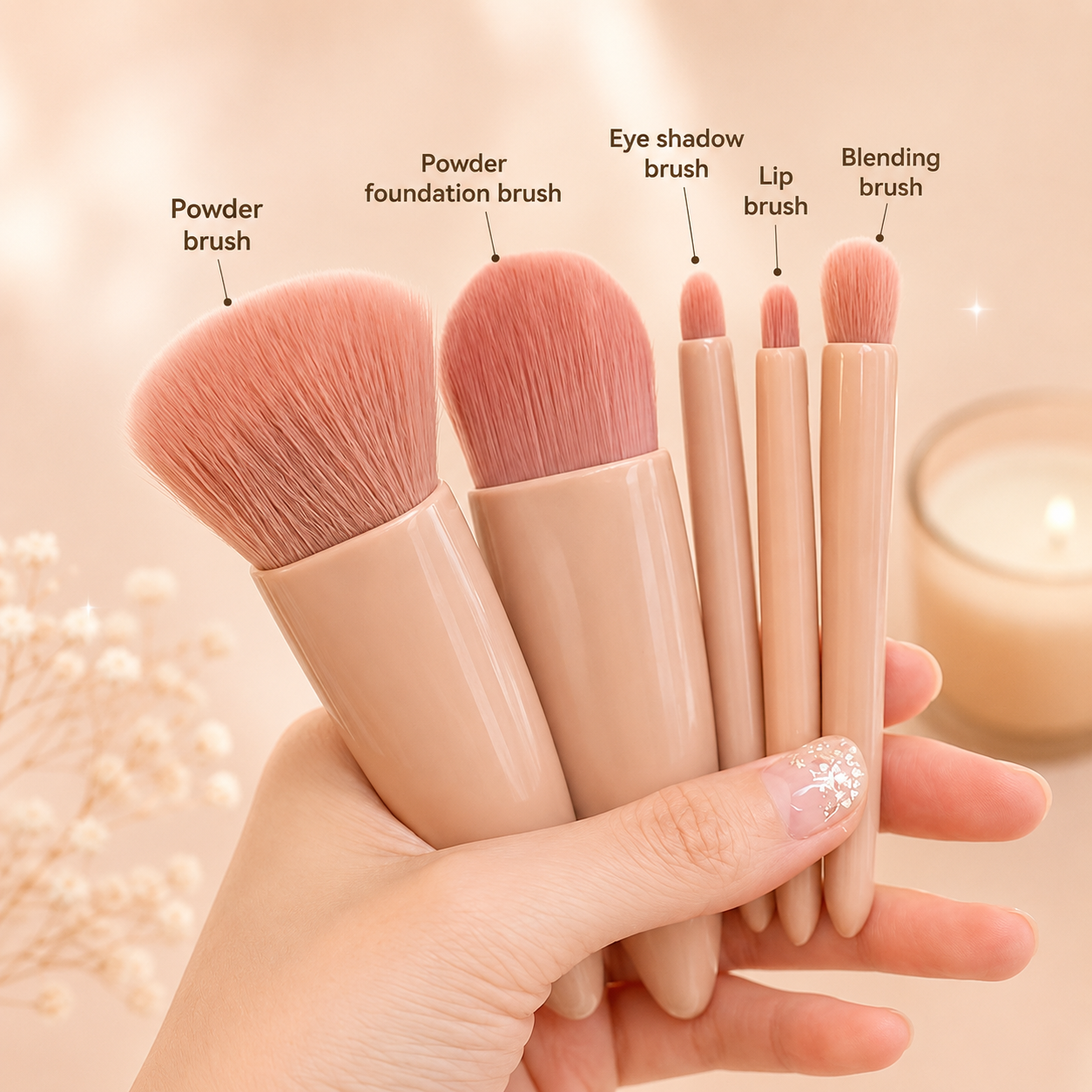Kit de Viaje Plegable de 5 Brochas de Maquillaje con Espejo Integrado