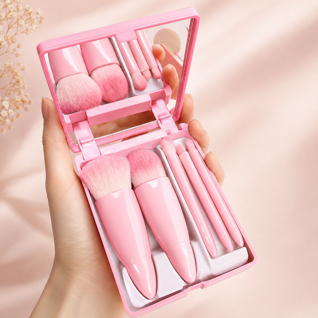 Kit de Viaje Plegable de 5 Brochas de Maquillaje con Espejo Integrado